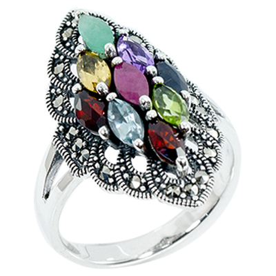 Multiple Marquise Stone & Scroll Marcasite Accent Ring