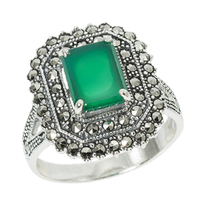 Octagon Agate & Double Halo Marcasite Ring