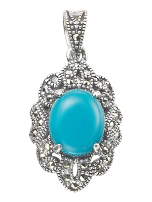 Oval Turquoise & Marcasite Scroll Accent Pendant