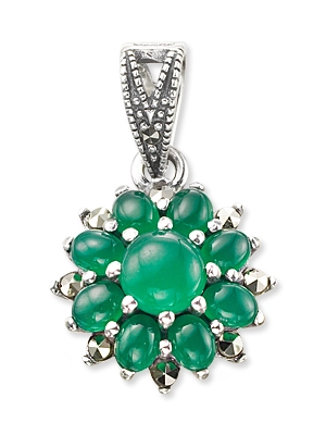 Green Agate Floral Motif Prong Setting Silver Pendant (Big)