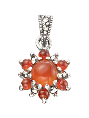 Red Agate Floral Motif Prong Setting Silver Pendant (Small)
