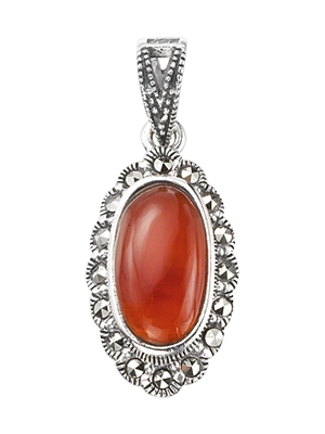 Favourite Oval Green Agate & Vintage Cluster Marcasite Pendant