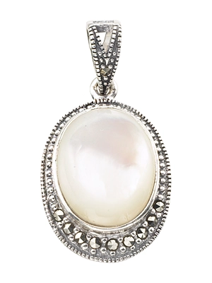 Oval Mother of Pearl & Marcasite Tapered Halo Pendant