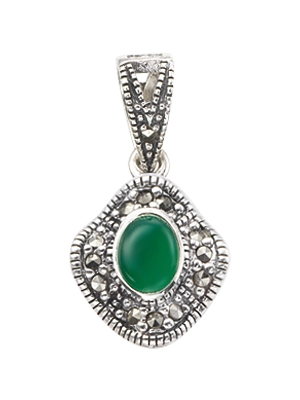 Oval Green Agate & Wavy Marcasite Halo Pendant