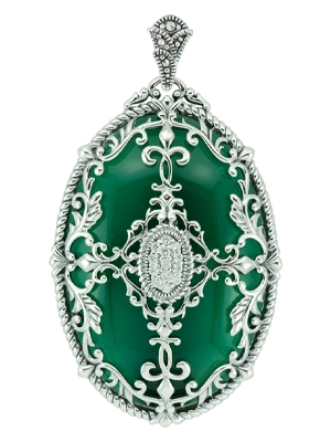 Statement Rectangle Agate & Marcasite Halo Filigree Overlay Pendant