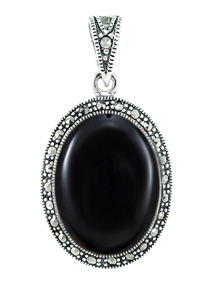 Oval Onyx and Marcasite Halo Silver Pendant