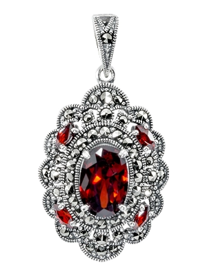 Oval Red CZ and Double Marcasite Halo & Cornerstone Scallop Pendant