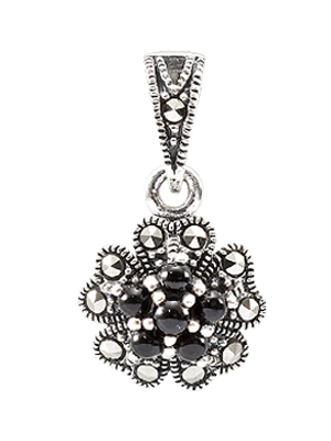 Graceful Onyx Flower Motif & Marcasite Petal Pendant