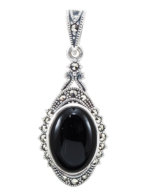 Oval Onyx with Princess Halo Marcasite Pendant