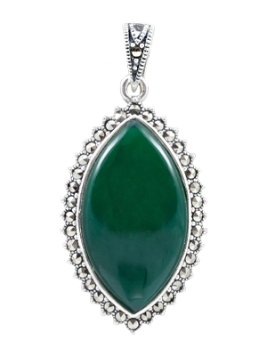 Marquise Green Agate & Halo Marcasite Silver Pendant with Motif
