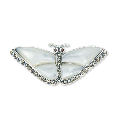 Sterling Silver Butterfly Marcasite & Black Agate Pendant