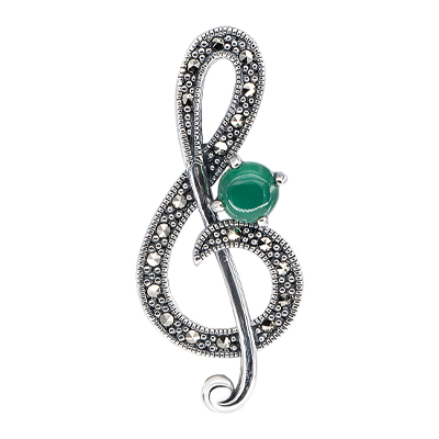 Musical Note Green Agate & Marcasite Brooch