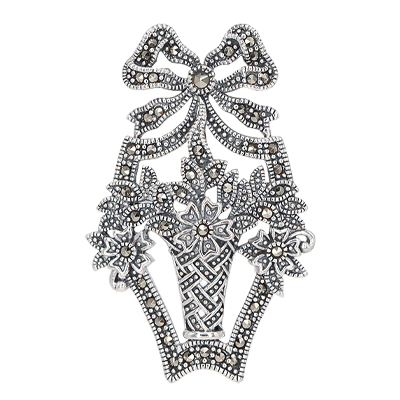 Marcasite Floral Vase Brooch with Bow Accent