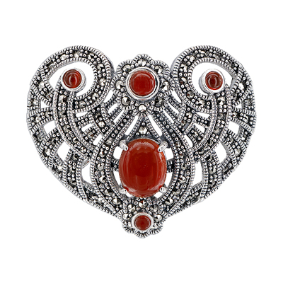 Art Deco Heart Brooch with Marcasite and Red Agate