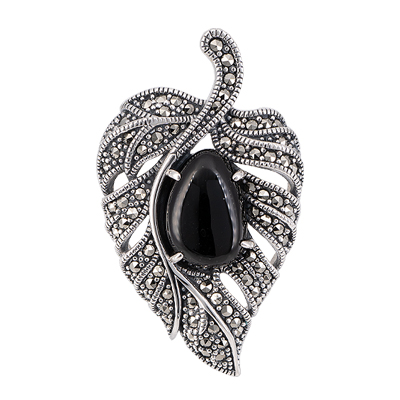 Onyx Teardrop Leaf Marcasite Brooch