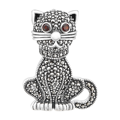 Cat Marcasite Brooch with Garnet Eyes