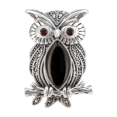 Owl Marcasite Brooch with Garnet Eyes