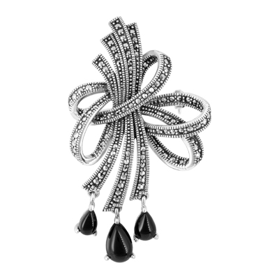 Elegant Bow Pear Shaped Stones Marcasite Brooch