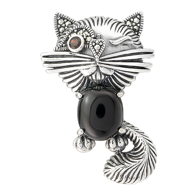 PlayBird Broochful Cat Marcasite Brooch with Onyx