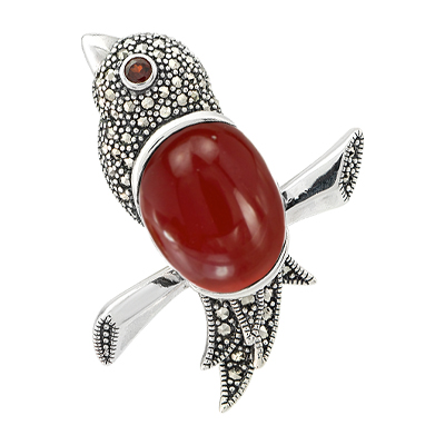 Bird Marcasite & Red Stone Brooch