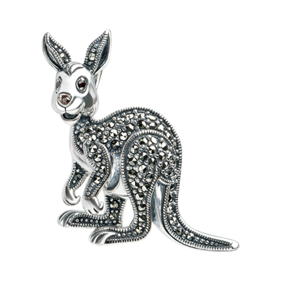 Playful Kangaroo Marcasite Brooch in Sterling Silver