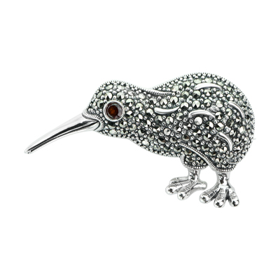Kiwi Bird Marcasite Brooch in Sterling Silver