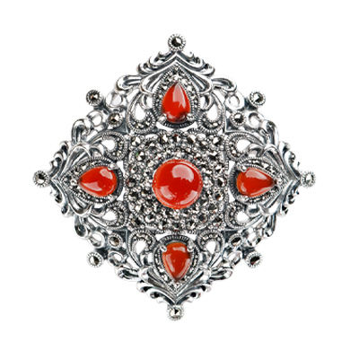 Vintage Floral Design Marcasite and Red Agate Brooch