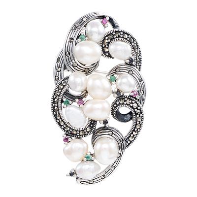 Freshwater Pearls and Colorful Gem & Artistic Marcasite Brooch