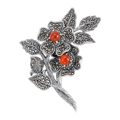Red Agate & Marcasite Floral Branch Brooch