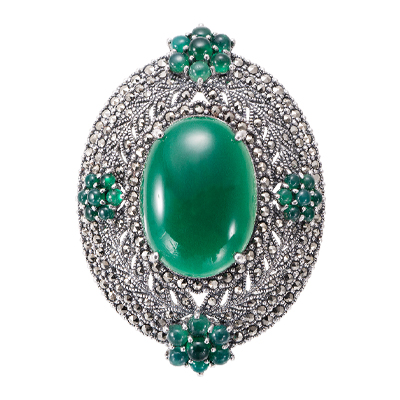 "Marcasite Oval & Green Agate Cluster Accents Brooch