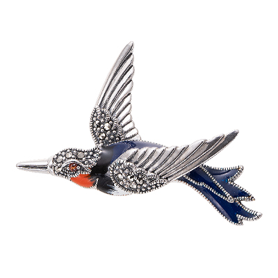 Graceful Bird in Flight Marcasite Brooch with Enamel Detailing