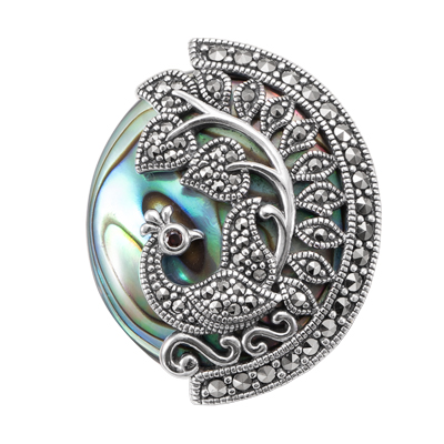 Peacock and Tree Marcasite Brooch on Abalone