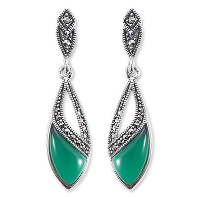 Marquise-Shaped Marcasite Earring with Green Agate