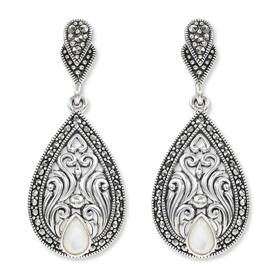 Vintage Marcasite Teardrop Earring with White Mother of Pearl