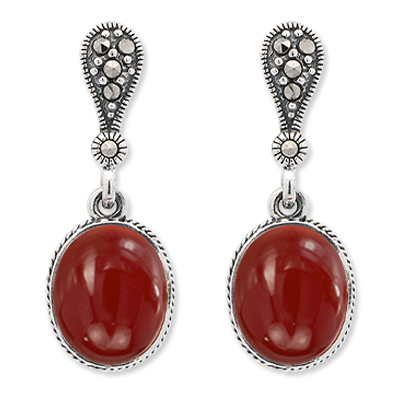 Vintage Oval Red Agate Drop Earring with Marcasite Accents