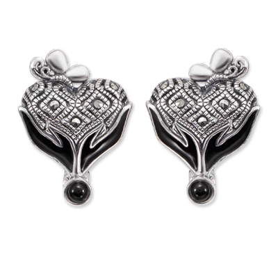 Onyx & Marcasite Heart Earring