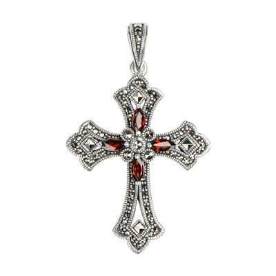Ornate Cross Pendant with Stones and Marcasite Accents