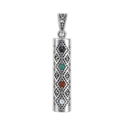 Sterling Silver Vertical Bar Pendant with Color Stones & Marcasite