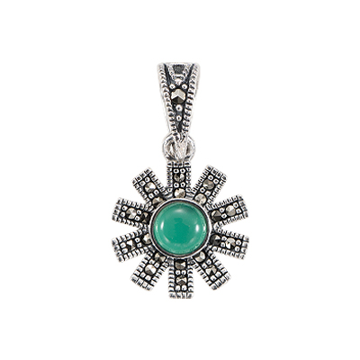 Vintage Sunburst Pendant with Green Agate and Marcasite
