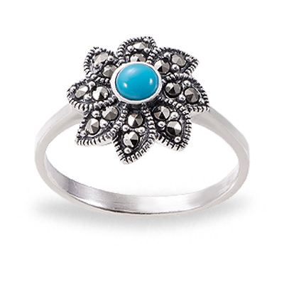 Turquoise Petal Sparkle Marcasite Ring