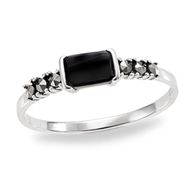 Sleek Rectangle Onyx & Sterling Silver Marcasite Ring