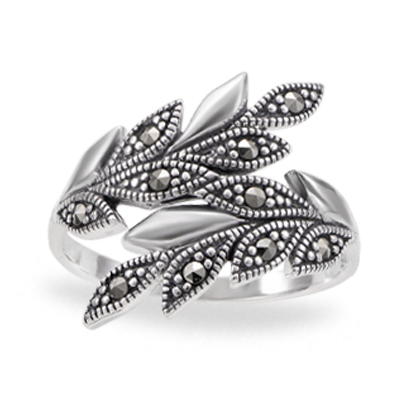 Whispers of Nature: Marcasite Leaf Trail Silver Ring