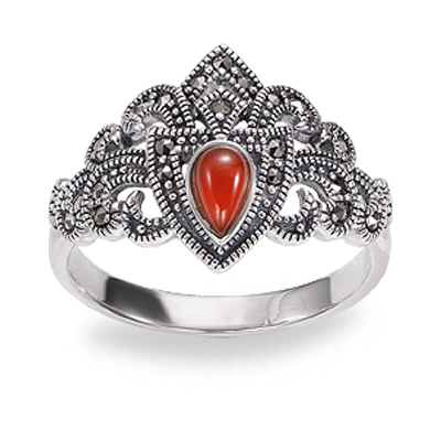 Antique Marcasite Ring with Teardrop Red Agate