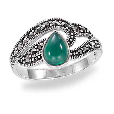Green Agate Drop Elegance Marcasite Halo Ring