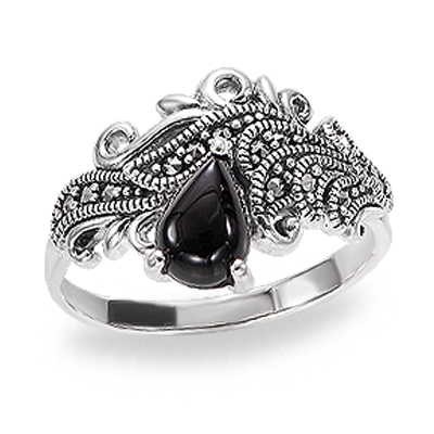Onyx Teardrop Ring with Vintage Baroque Scrollwork