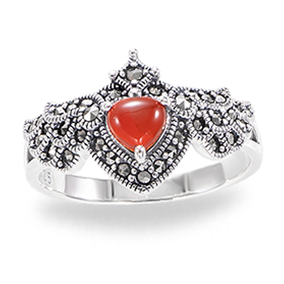 Heart-Shaped Stone and Marcasite Crimson Elegance Ring