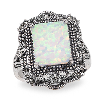 Vintage Opal Radiance Ring with Ornate Marcasite Frame