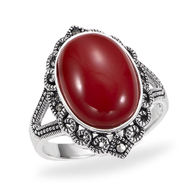 Red Agate Elegance Ring with Vintage Marcasite Accents