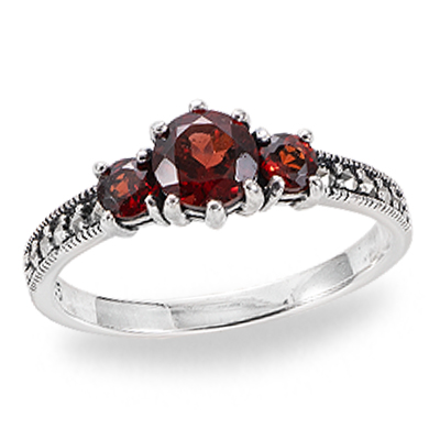Radiant Red Garnet Trio Ring Set on Sterling Silver with Marcasite