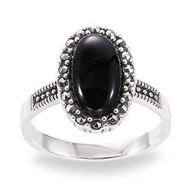 Classic Oval Black Onyx Ring with Marcasite Halo on Sterling Silver